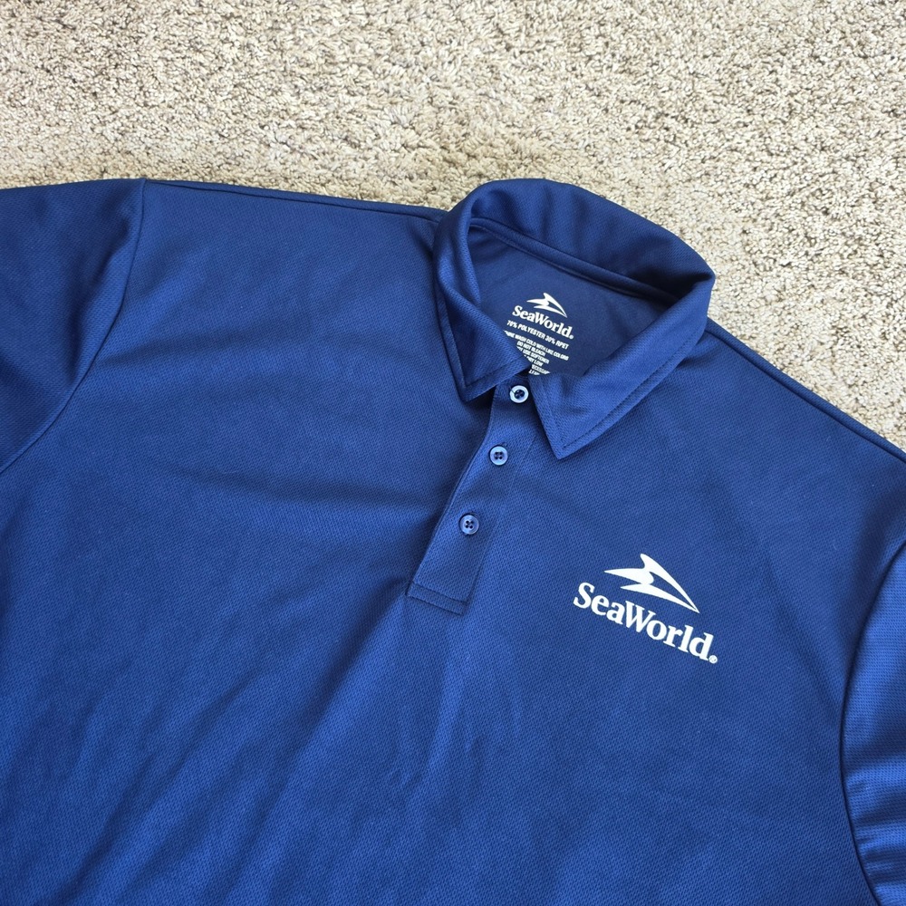 SeaWorld Polo Shirt Unisex XL Blue Outdoor Lightweight Team Member Shamu Orca